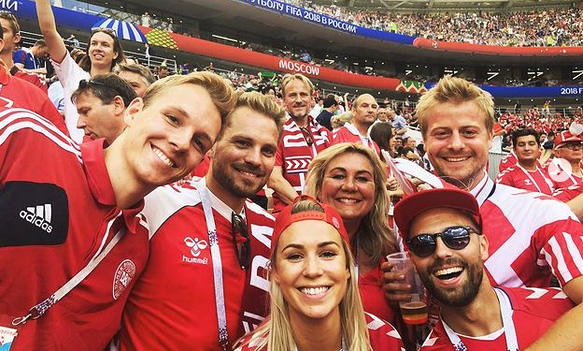 Stine Gyldenbran supporting Denmark in FIFA World Cup 2018 match against France