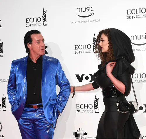 Till Lindemann and partner Leila Lowfire arrive at the award ceremony of the 26th German music award Echo